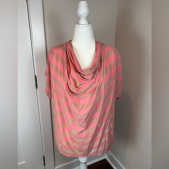 Seven7 Sparkly Coral Pink & Gold Striped Cowl Neck Top | Plus Size 2X/3X - Picture 1 of 10